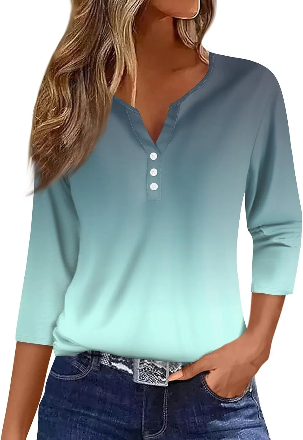 3/4 Sleeve T Shirts for Women Printed Button Down Tshirt V Neck Casual Loose Tunic Tops Dressy Summer Shirts