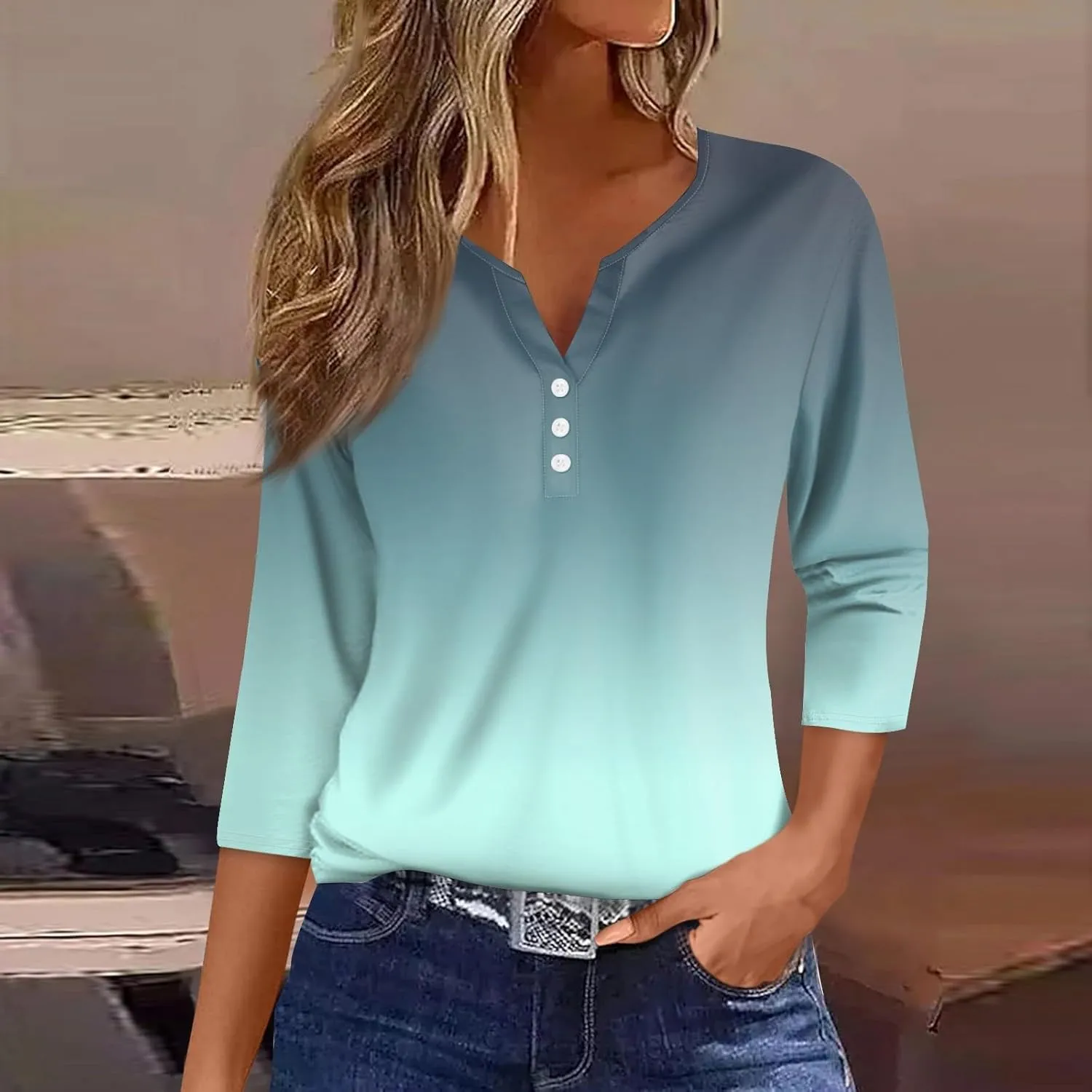 3/4 Sleeve T Shirts for Women Printed Button Down Tshirt V Neck Casual Loose Tunic Tops Dressy Summer Shirts