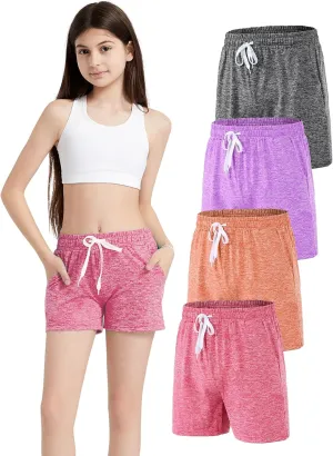 4 Pack Girls Athletic Shorts Dry-Fit Basketball Shorts with Pockets,Girls Running Shorts for Kids Gym Soccer