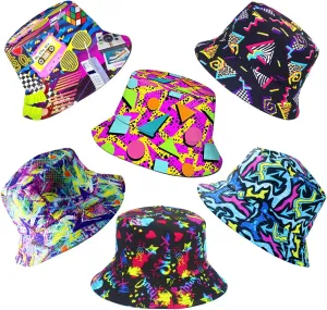 6 Pack Retro 80s 90s Bucket Hats for Men Women, Funny Retro Party Hats, Vintage Print Fisherman Hats for Disco Hip hop Party, Unisex Reversible Portable Hat Outdoor Fashion Sun Cap Colorful