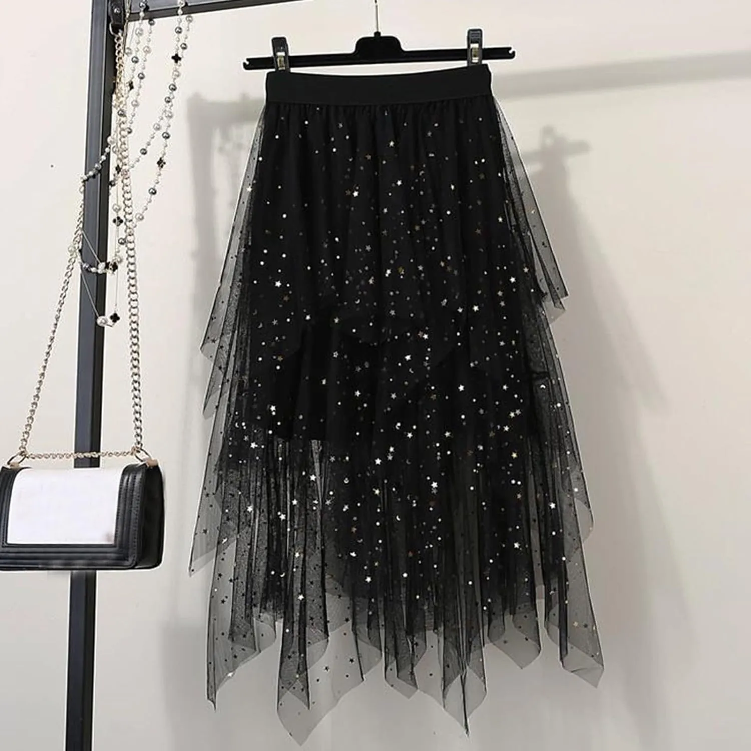 A Line Skirt for Women Trendy Flared High Elastic Waist Summer Casual Pleated Sheer Mesh Skirts Dance Clubwear