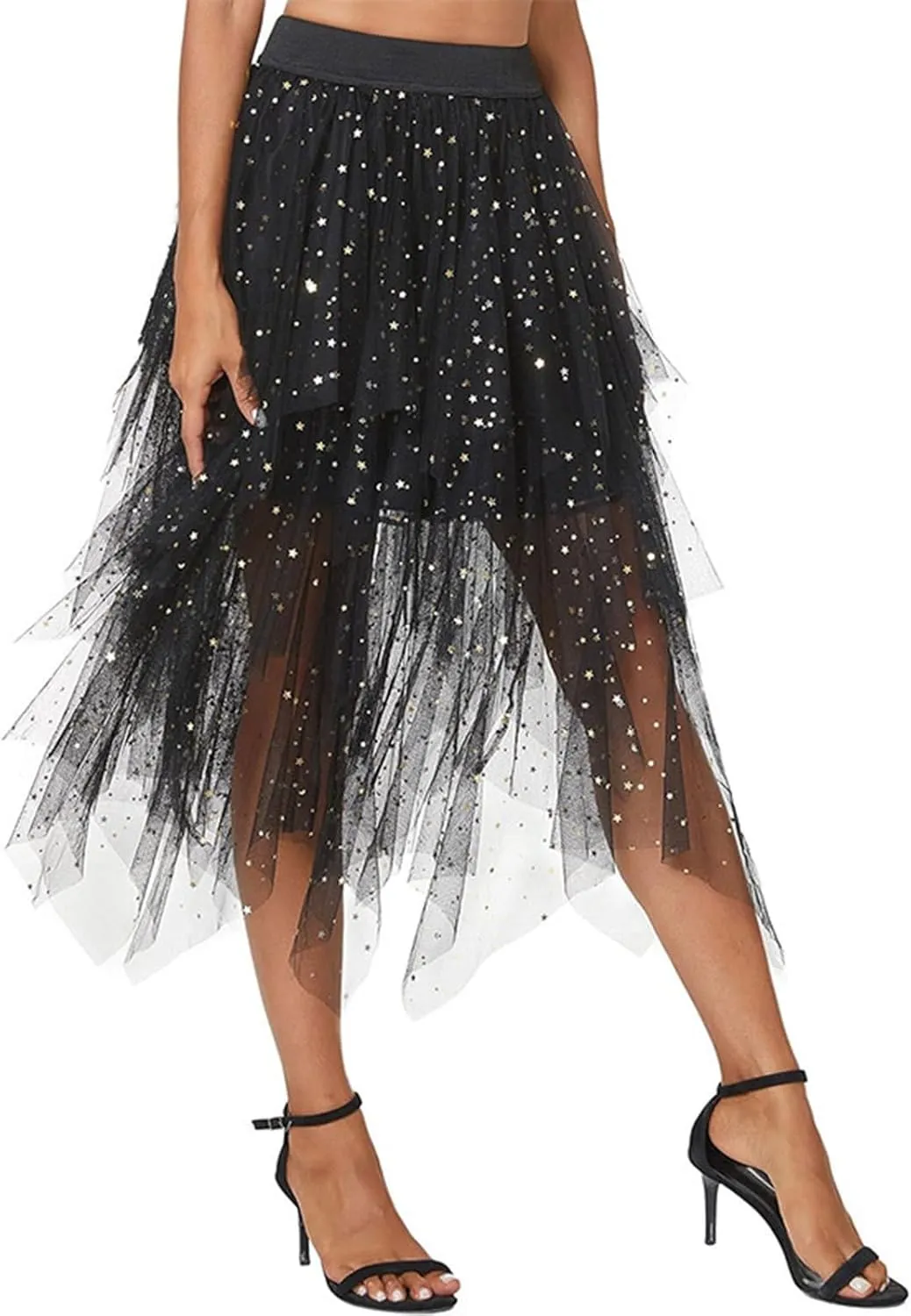 A Line Skirt for Women Trendy Flared High Elastic Waist Summer Casual Pleated Sheer Mesh Skirts Dance Clubwear