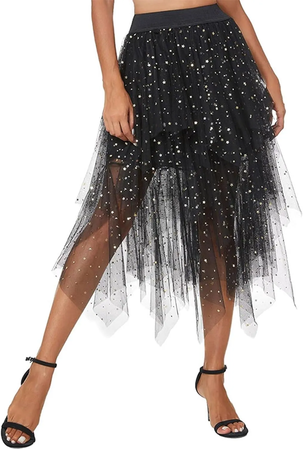 A Line Skirt for Women Trendy Flared High Elastic Waist Summer Casual Pleated Sheer Mesh Skirts Dance Clubwear