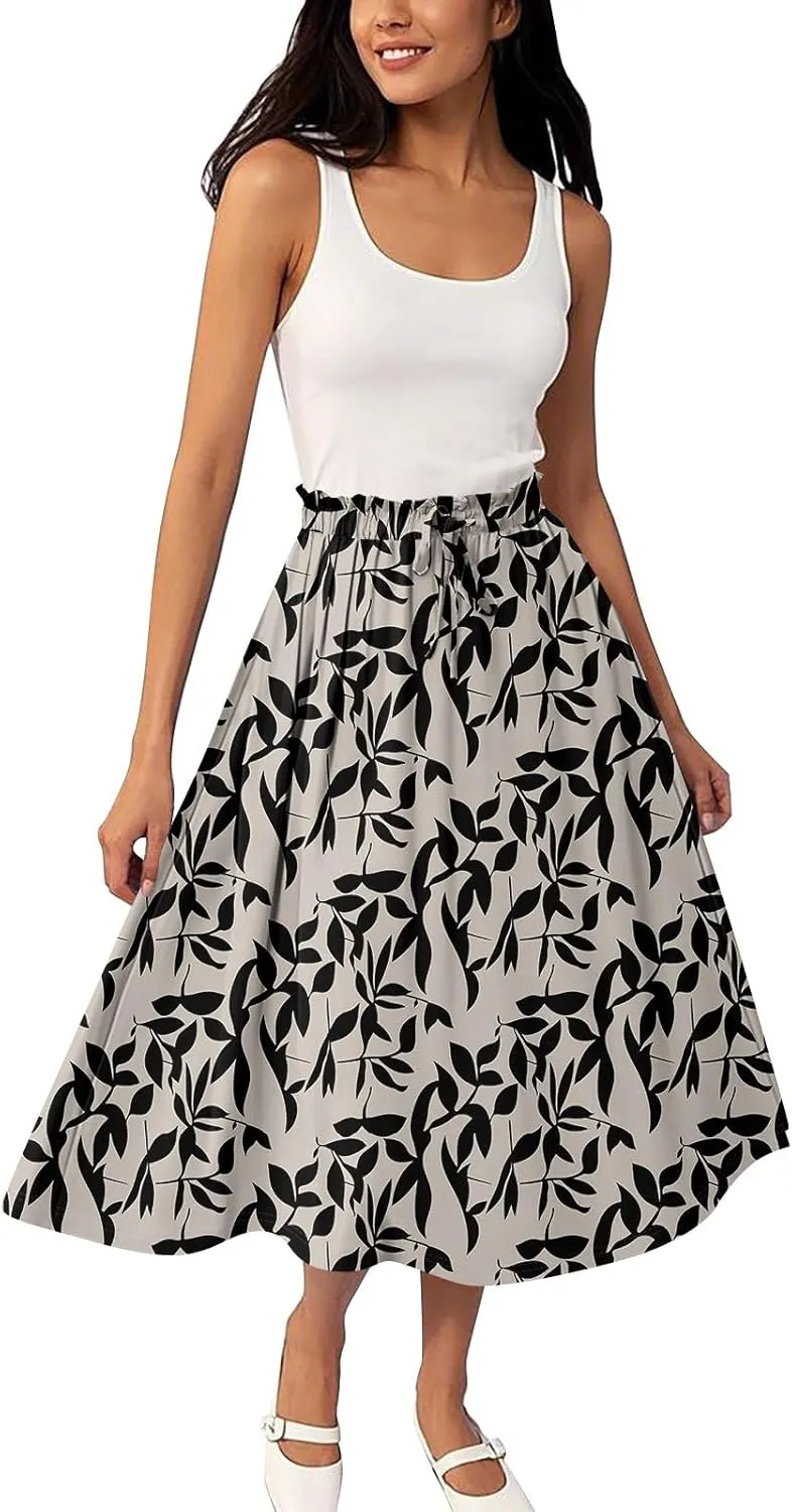ADHOWBEW Boho Skirts for Women Cute Beach Plus Size Ruffle Trendy A Line Midi Length High Waisted Casual Flowy Spring Skirts
