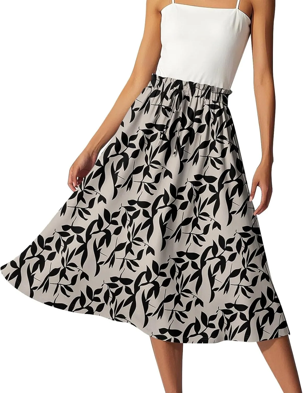 ADHOWBEW Boho Skirts for Women Cute Beach Plus Size Ruffle Trendy A Line Midi Length High Waisted Casual Flowy Spring Skirts