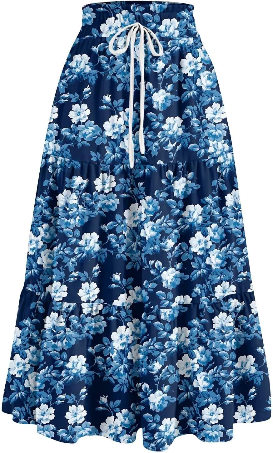 ADHOWBEW Boho Skirts for Women Flowy Cute Ruffle Midi Length Plus Size Beach A Line Casual High Waisted Trendy Spring Skirts