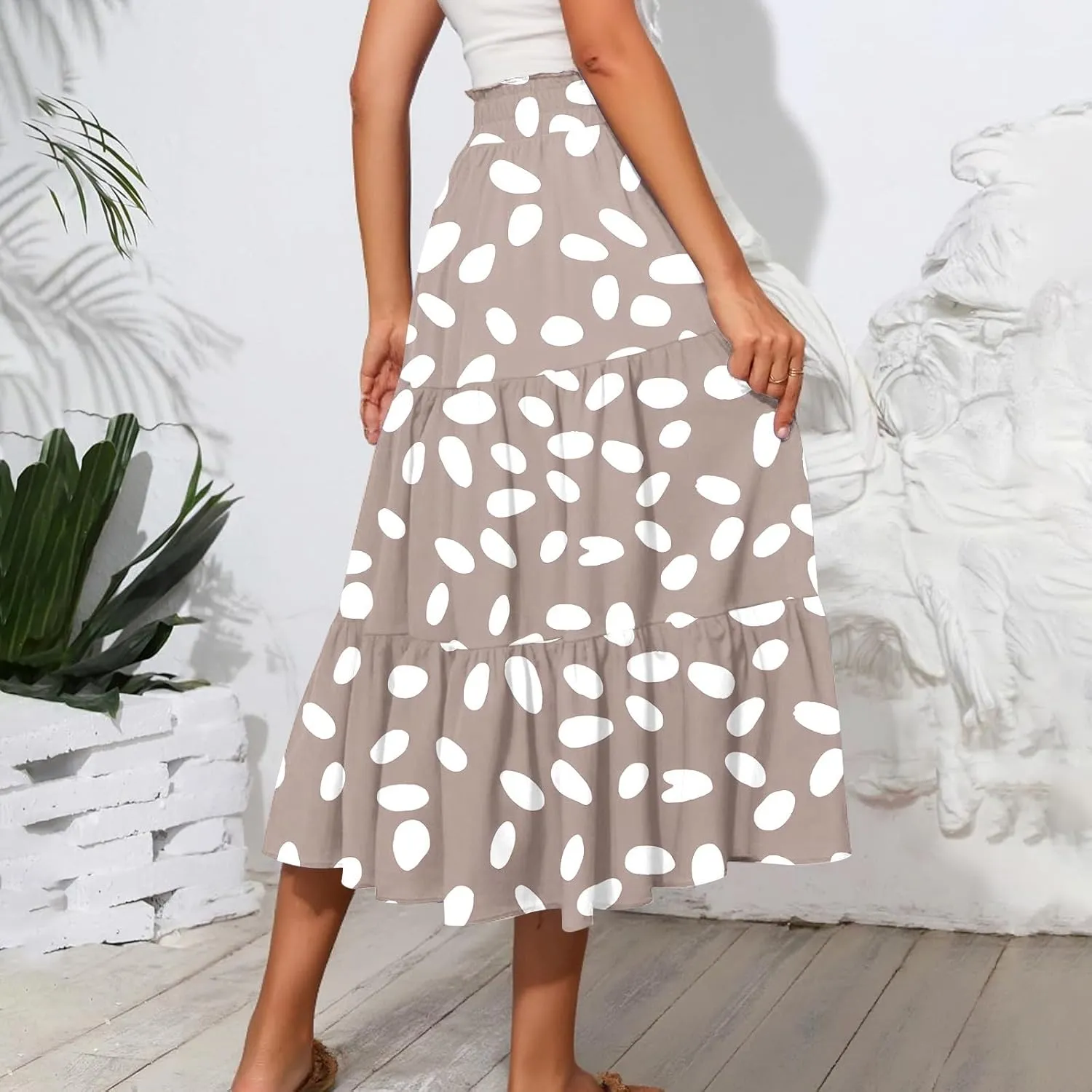 ADHOWBEW Boho Skirts for Women High Waist Casual Cotton Flowy Elastic Waist Bohemian Smocked Floral Skirts