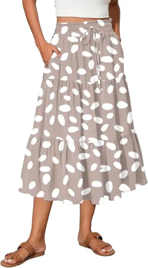 ADHOWBEW Boho Skirts for Women High Waist Casual Cotton Flowy Elastic Waist Bohemian Smocked Floral Skirts