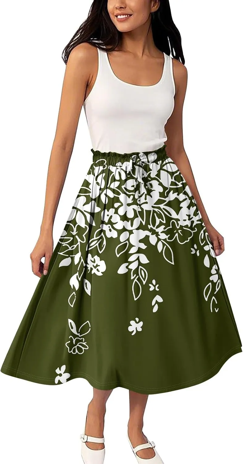 ADHOWBEW Midi Skirts for Women Plus Size High Waisted Beach Trendy Flowy Ruffle Midi Length Casual Cute A Line Summer Skirts