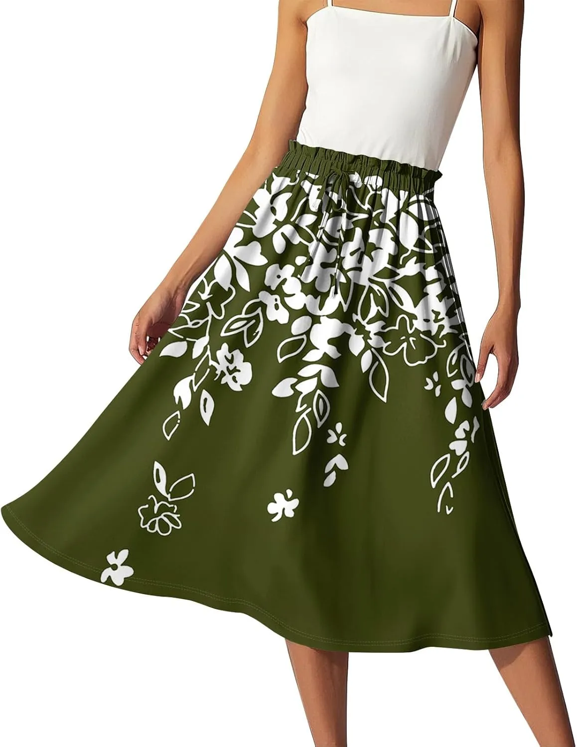 ADHOWBEW Midi Skirts for Women Plus Size High Waisted Beach Trendy Flowy Ruffle Midi Length Casual Cute A Line Summer Skirts