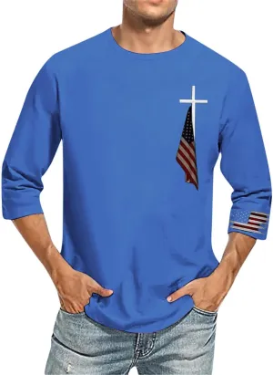American Flag T Shirt for Men 3/4 Sleeve Crew Neck Cotton Shirts Quick Dry Gym Yoga Athletic Workout Tees Tops