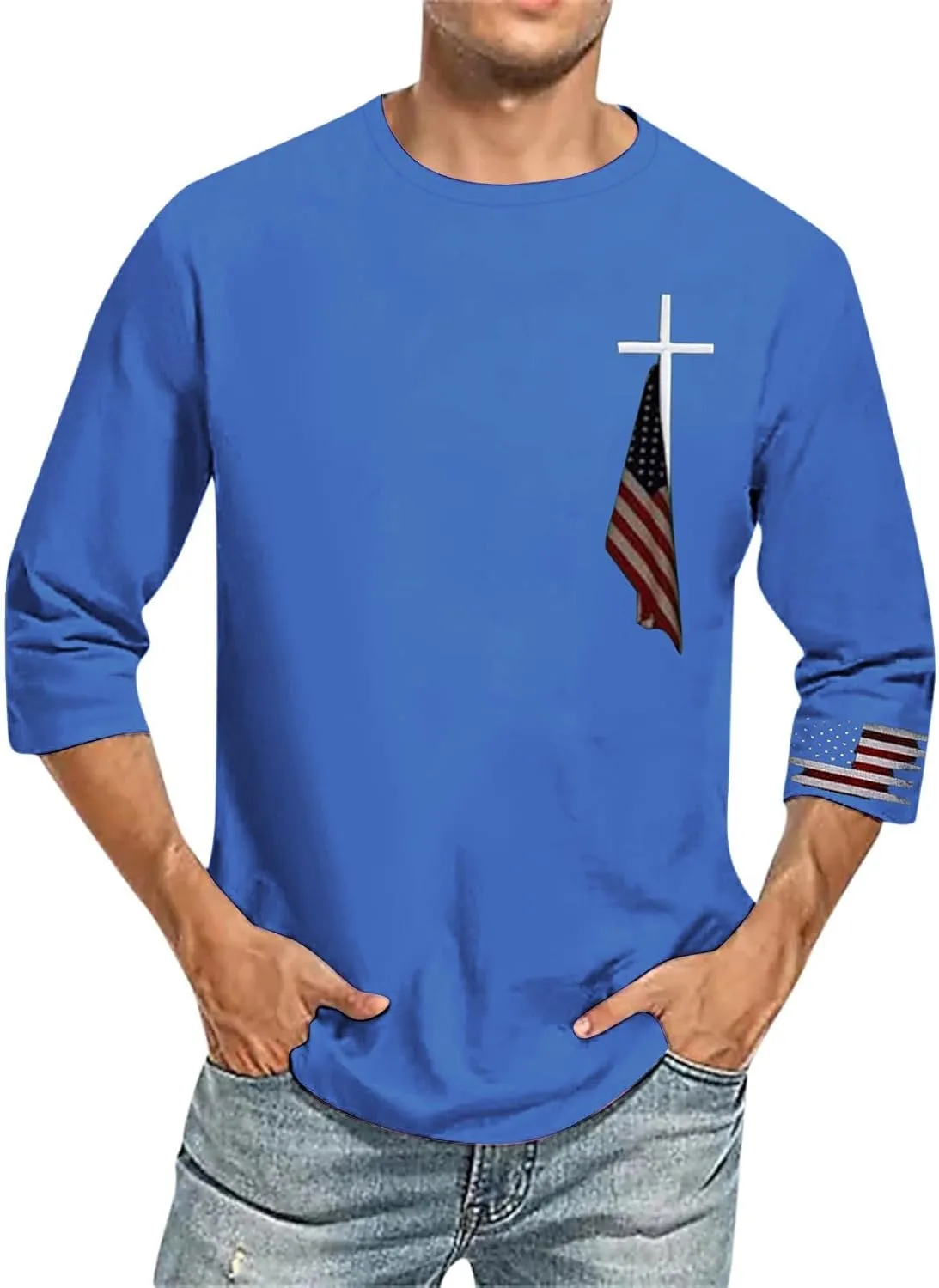 American Flag T Shirt for Men 3/4 Sleeve Crew Neck Cotton Shirts Quick Dry Gym Yoga Athletic Workout Tees Tops