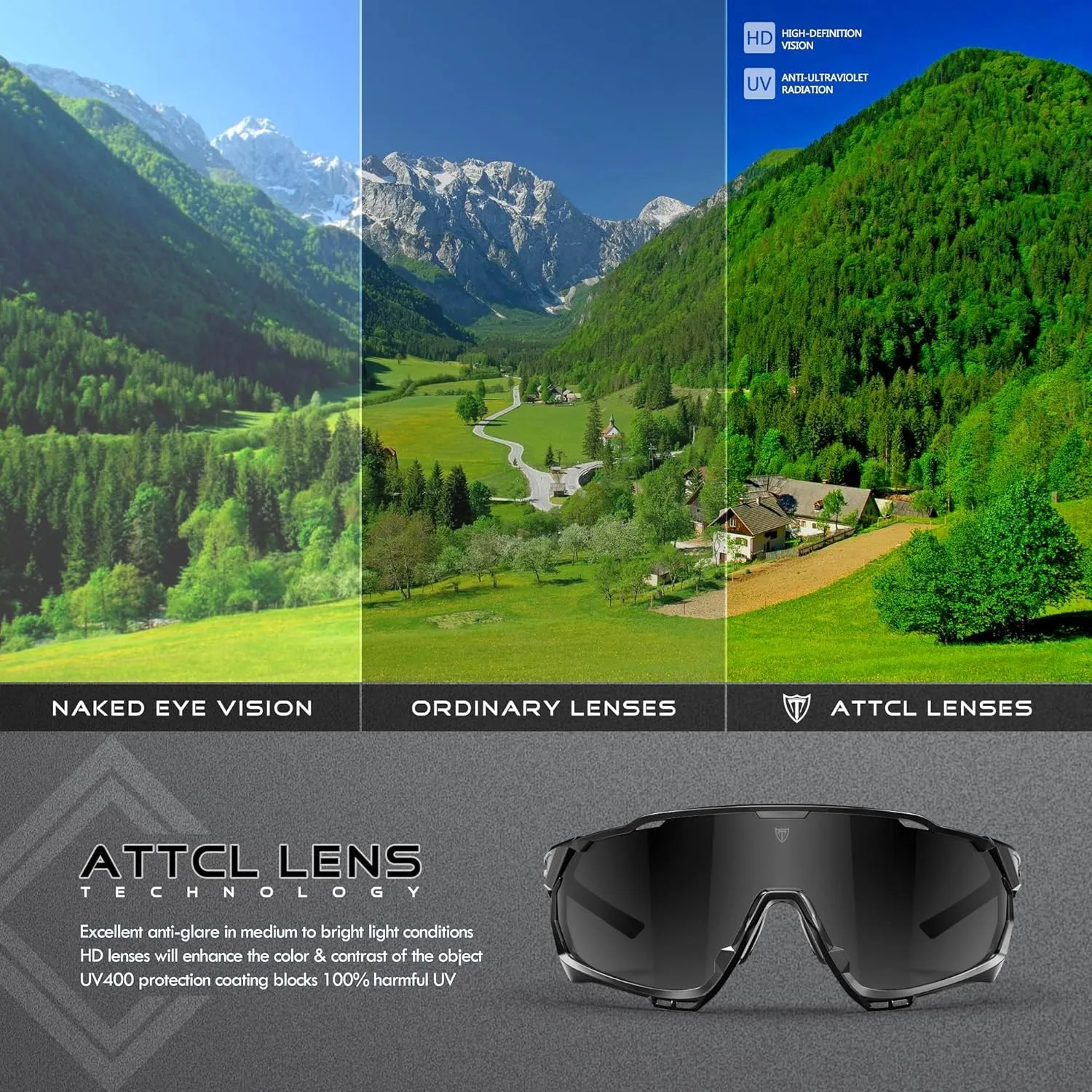 ATTCL Luxury Cycling Sunglasses for Men Women Sports Glasses,UV 400 Protection for Cycling, Skiing, Driving