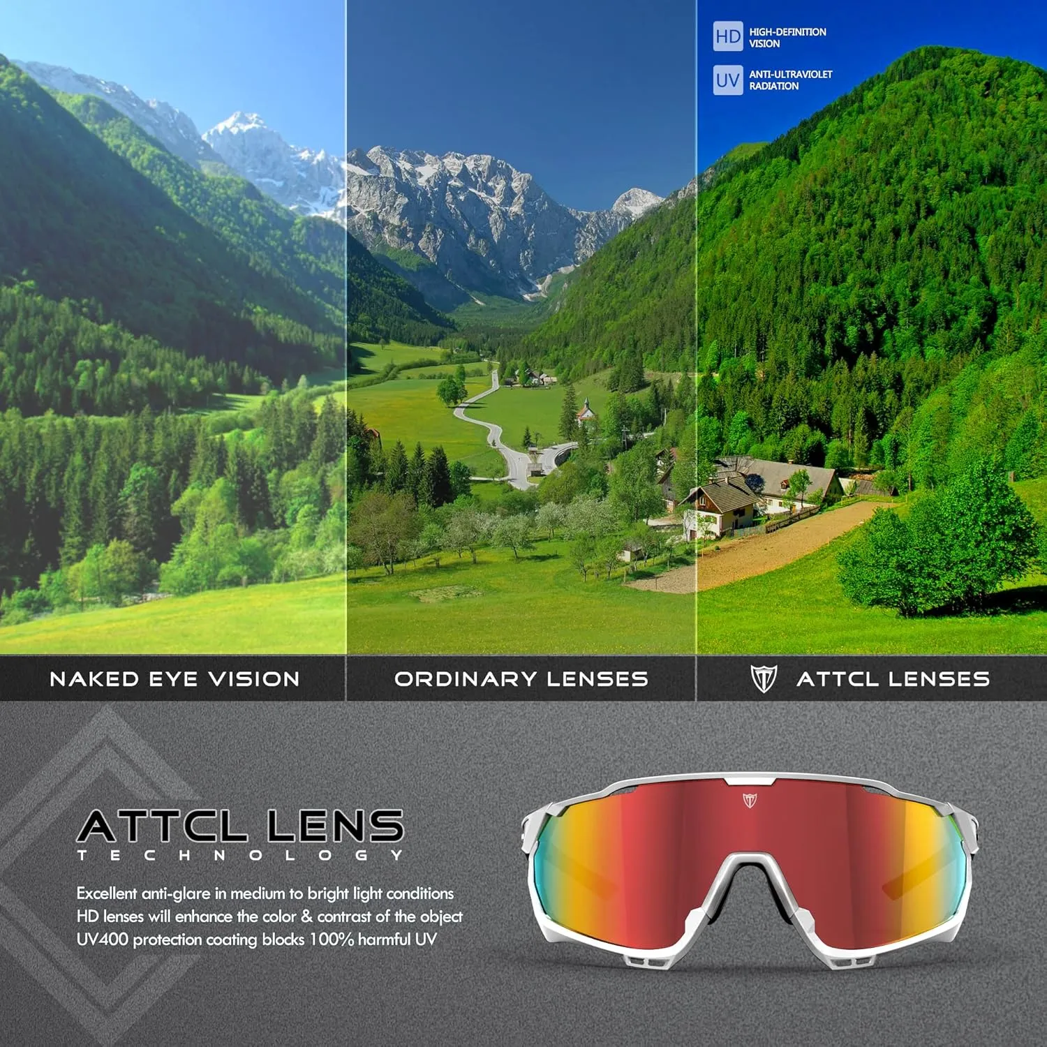 ATTCL Luxury Cycling Sunglasses for Men Women Sports Glasses,UV 400 Protection for Cycling, Skiing, Driving