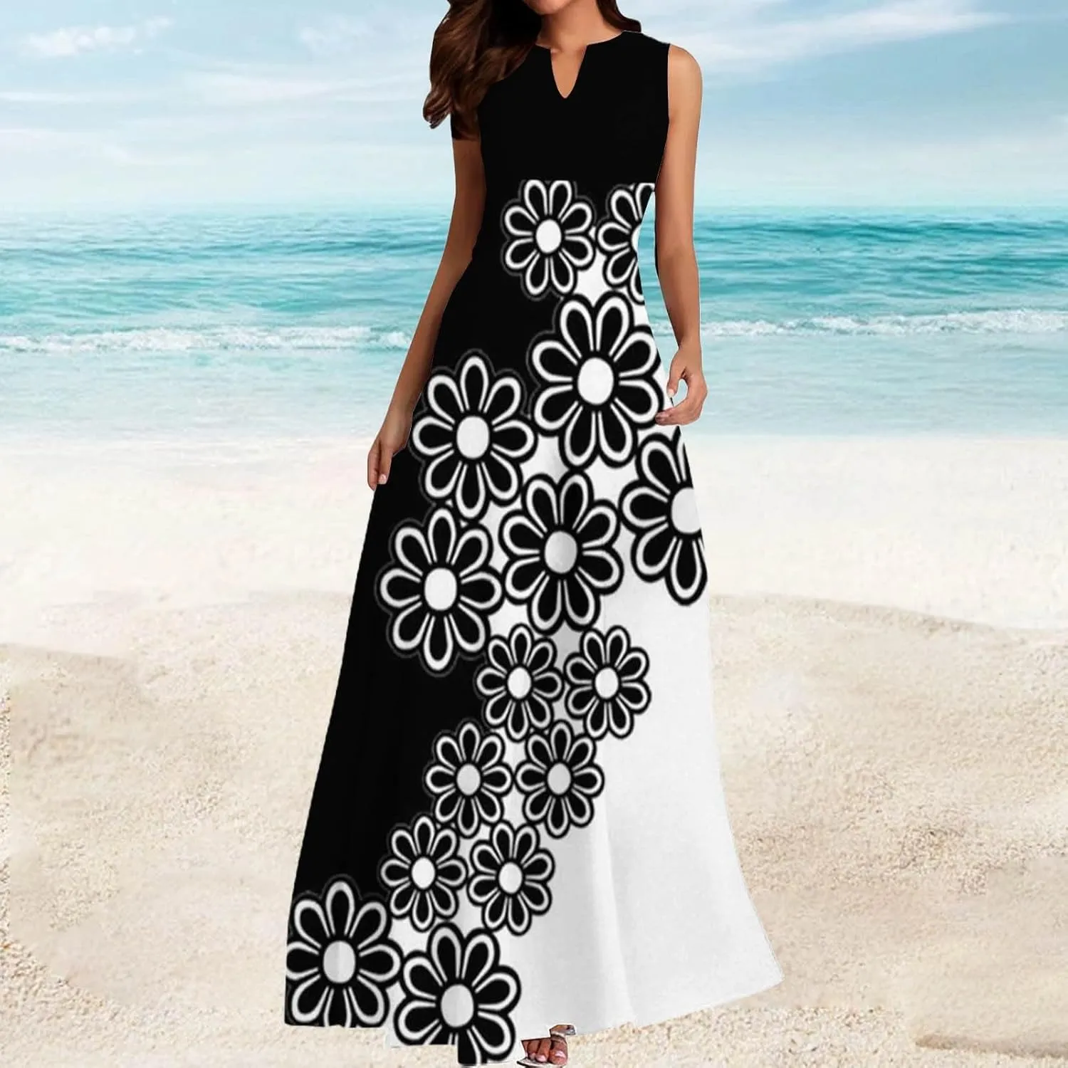 Beach Vacation Short Sleeve Crewneck Long Skirt Casual Flower Sleeveless V A Line Swing Casual Party Cocktail