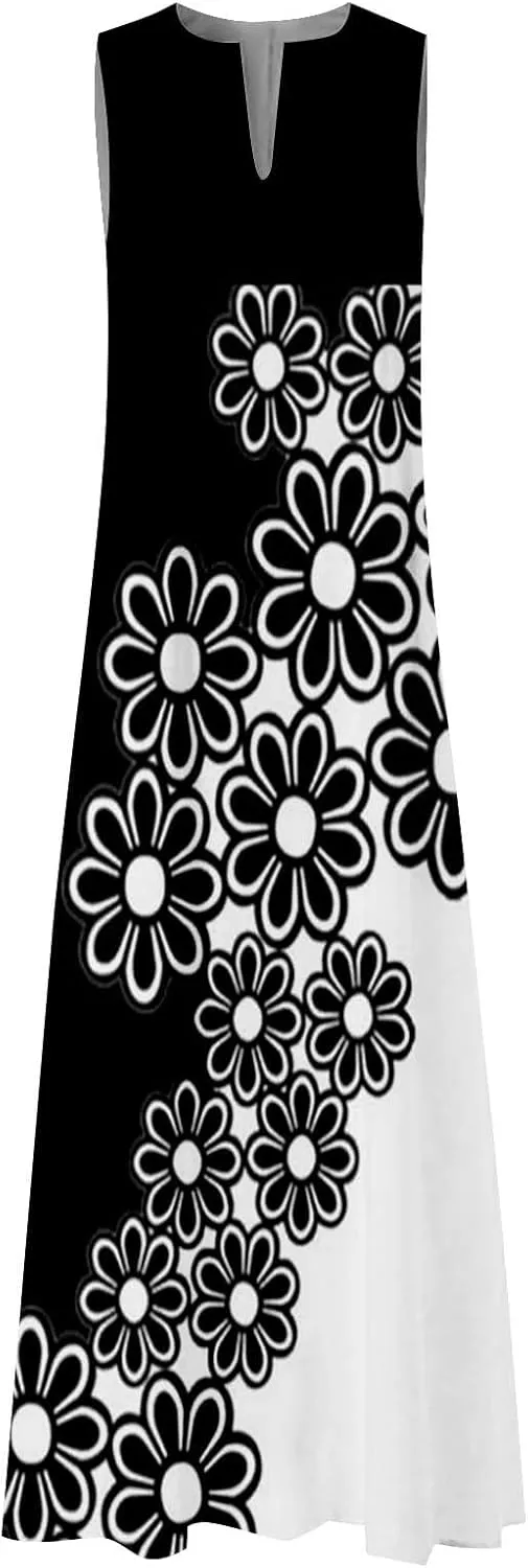 Beach Vacation Short Sleeve Crewneck Long Skirt Casual Flower Sleeveless V A Line Swing Casual Party Cocktail