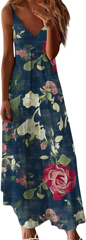 Beach Vacation Short Sleeve Crewneck Long Skirt Casual Flower Sleeveless V A Line Swing Casual Party Cocktail