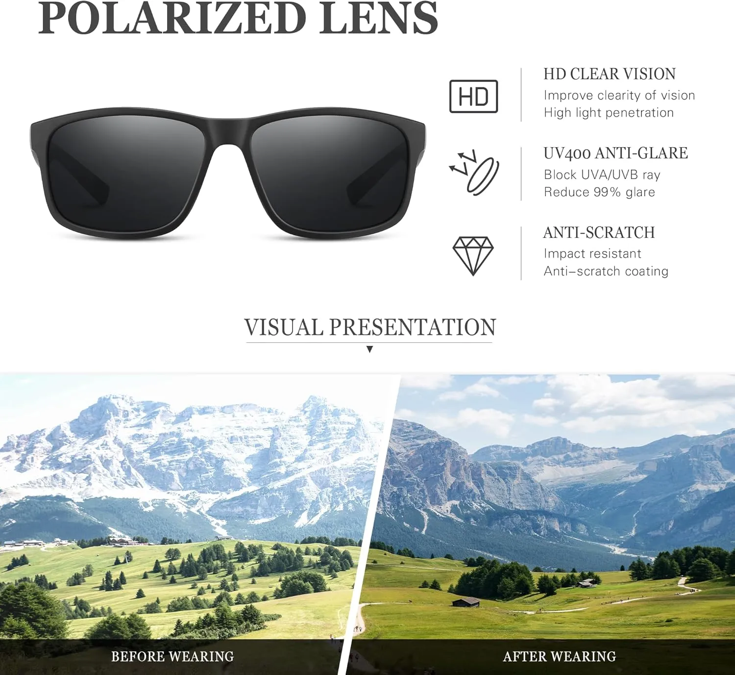 Black Polarized Sunglasses Men - Mens/Womens Sunglasses with UV Blocking for Driving and Hiking