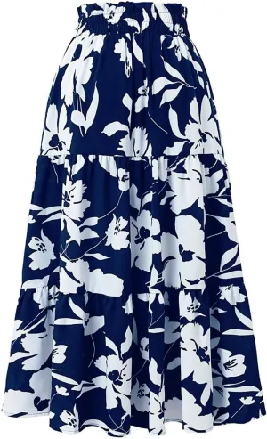 Boho Floral Summer Maxi Skirt Women Elastic High Waist Tiered Pleated Flowy Long Casual Beach Skirt