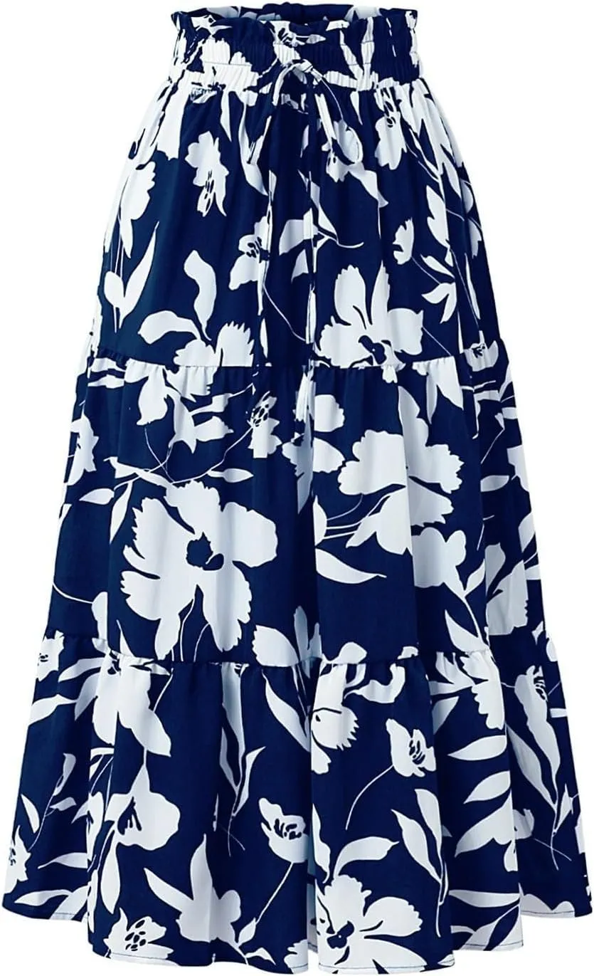 Boho Floral Summer Maxi Skirt Women Elastic High Waist Tiered Pleated Flowy Long Casual Beach Skirt