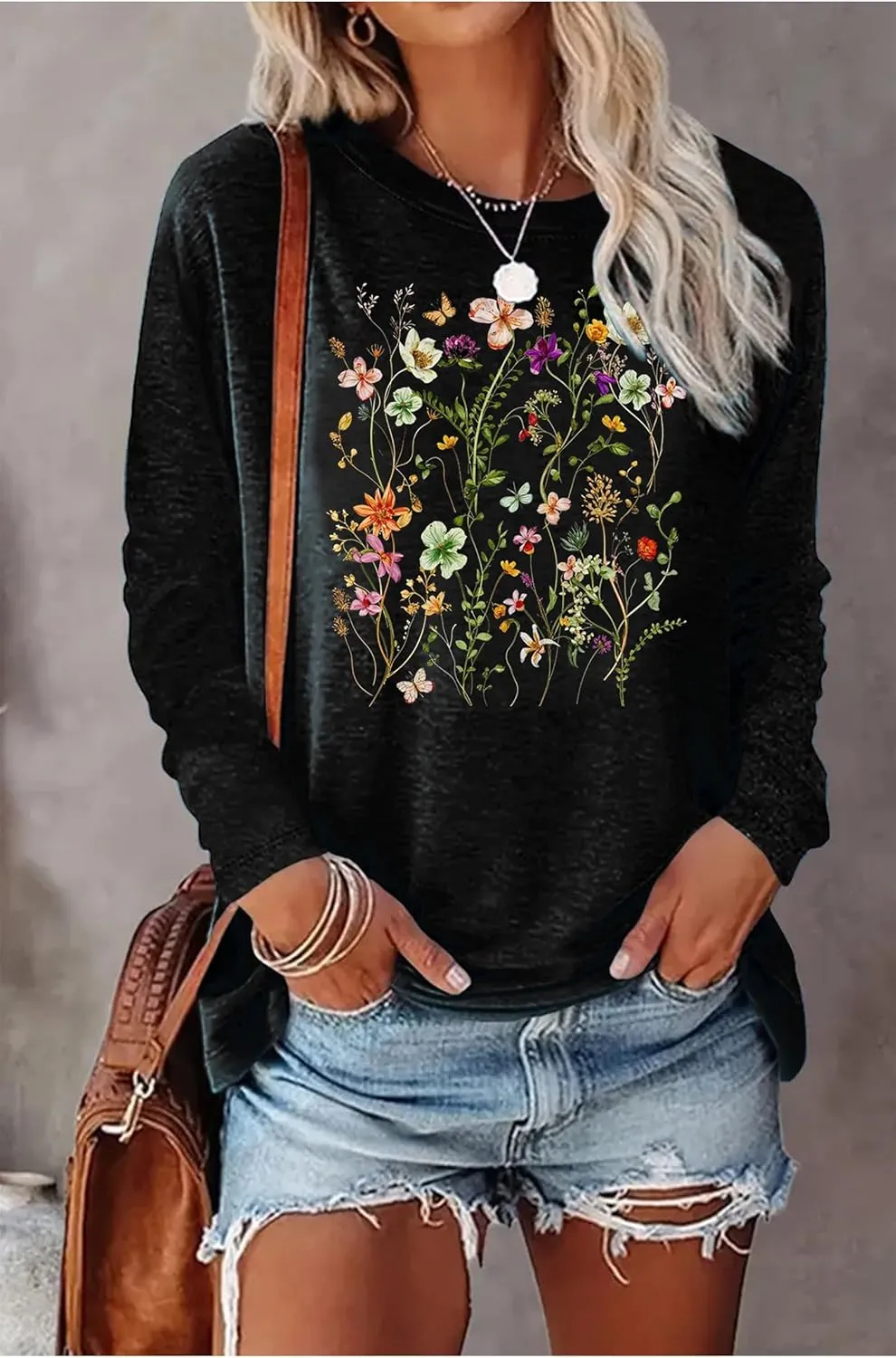 Boho Flower T Shirts for Women Floral Graphic Tees Nashville Music Long Sleeve Shirt Wildflower Causal Loose Tops Outfit
