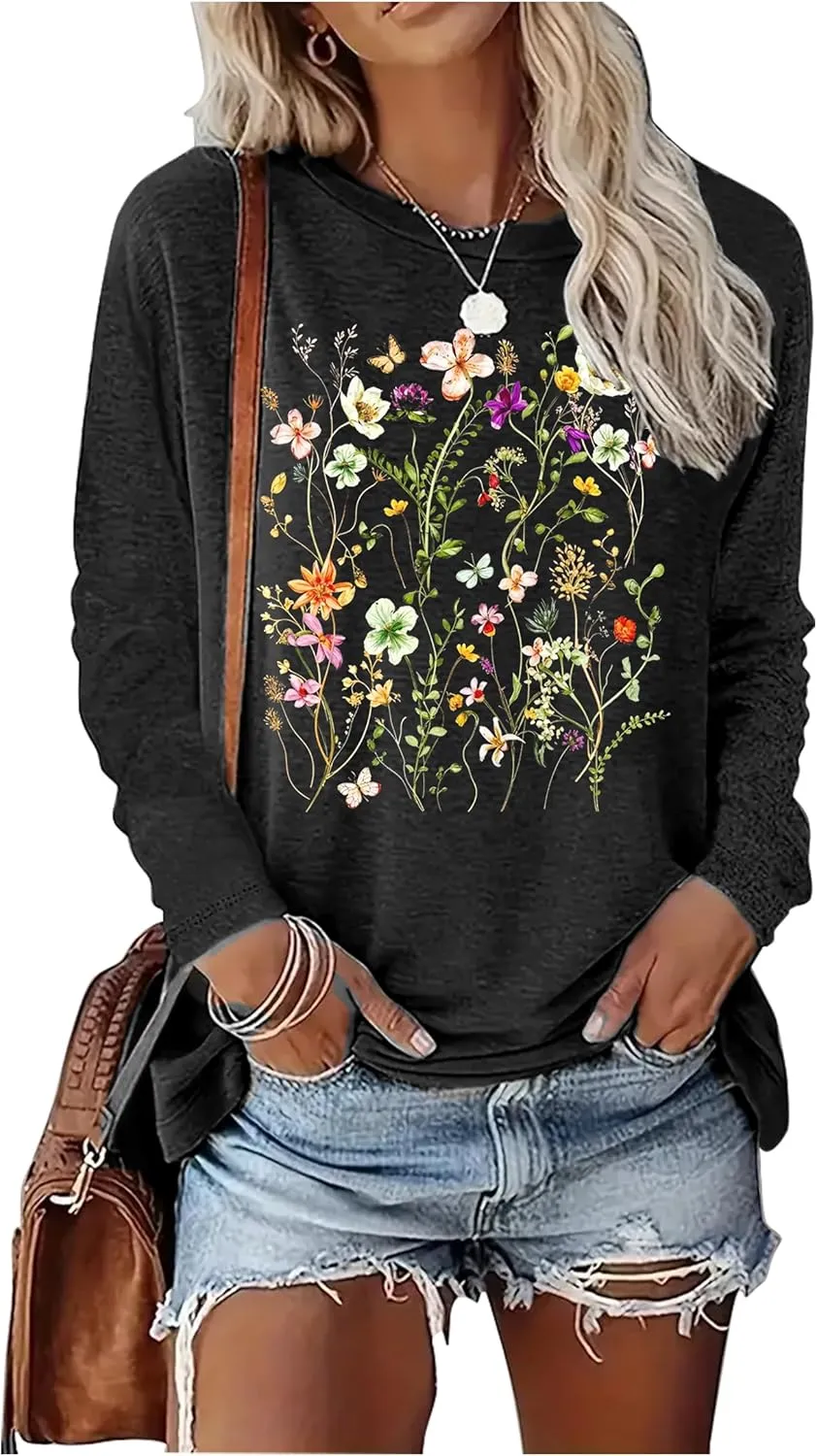 Boho Flower T Shirts for Women Floral Graphic Tees Nashville Music Long Sleeve Shirt Wildflower Causal Loose Tops Outfit