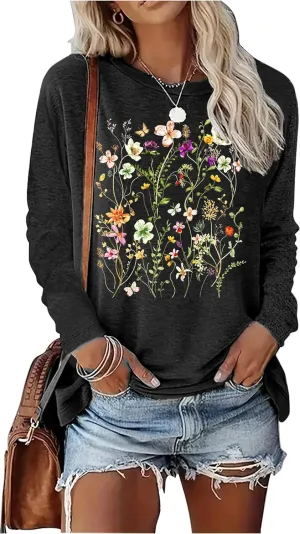 Boho Flower T Shirts for Women Floral Graphic Tees Nashville Music Long Sleeve Shirt Wildflower Causal Loose Tops Outfit