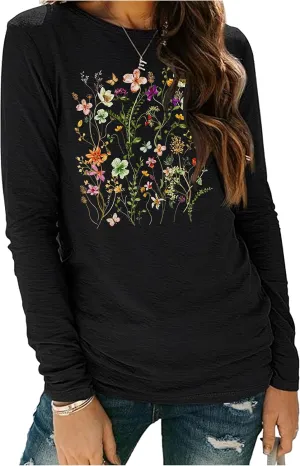 Boho Flower T Shirts for Women Floral Graphic Tees Nashville Music Long Sleeve Shirt Wildflower Causal Loose Tops Outfit