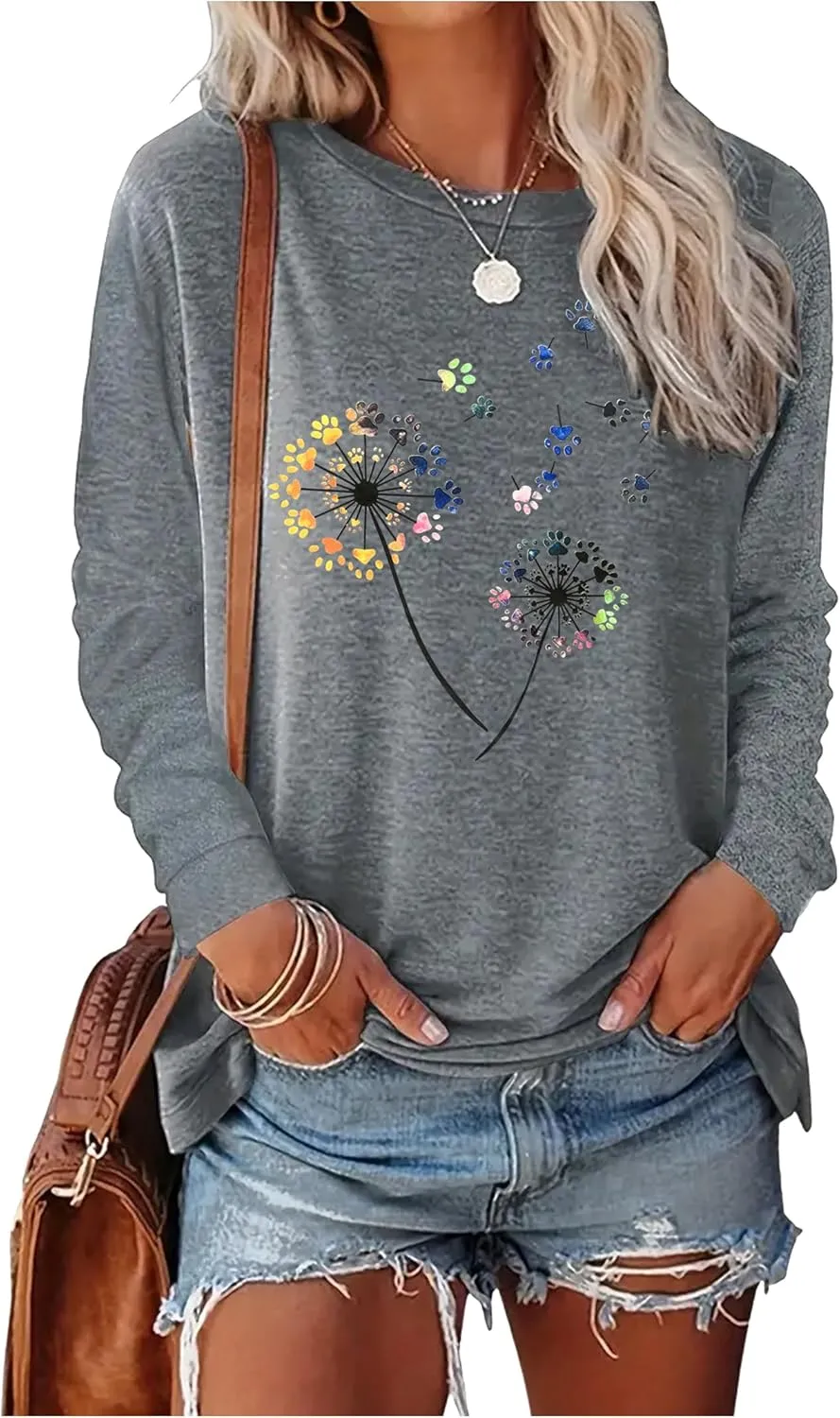 Boho Flower T Shirts for Women Floral Graphic Tees Nashville Music Long Sleeve Shirt Wildflower Causal Loose Tops Outfit