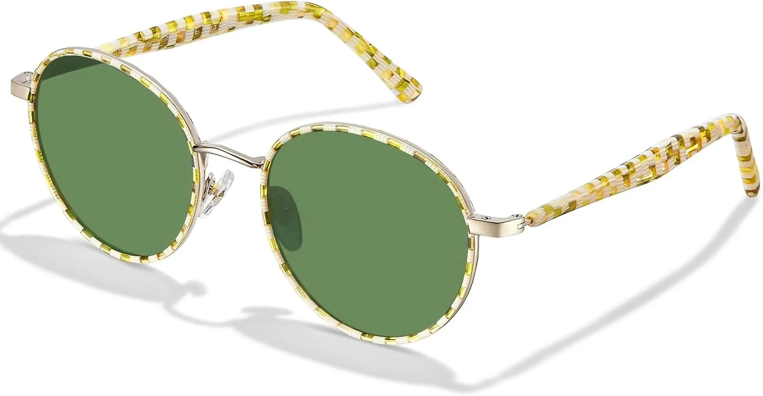 CARFIA Metal Acetate Polarized Sunglasses for Women UV400 Protection, Retro Small Round Anti-Glare Glasses Driving Shades