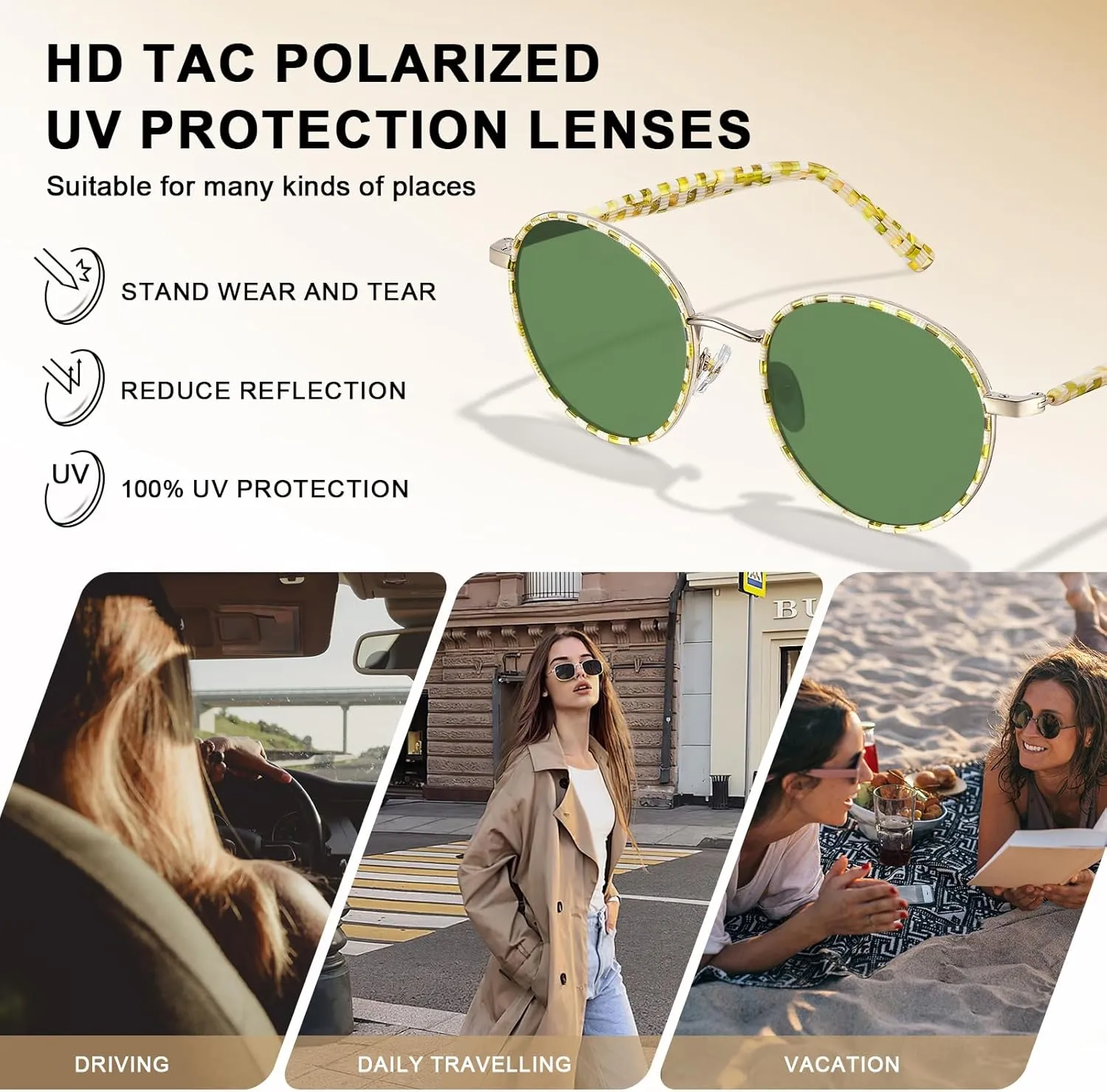 CARFIA Metal Acetate Polarized Sunglasses for Women UV400 Protection, Retro Small Round Anti-Glare Glasses Driving Shades