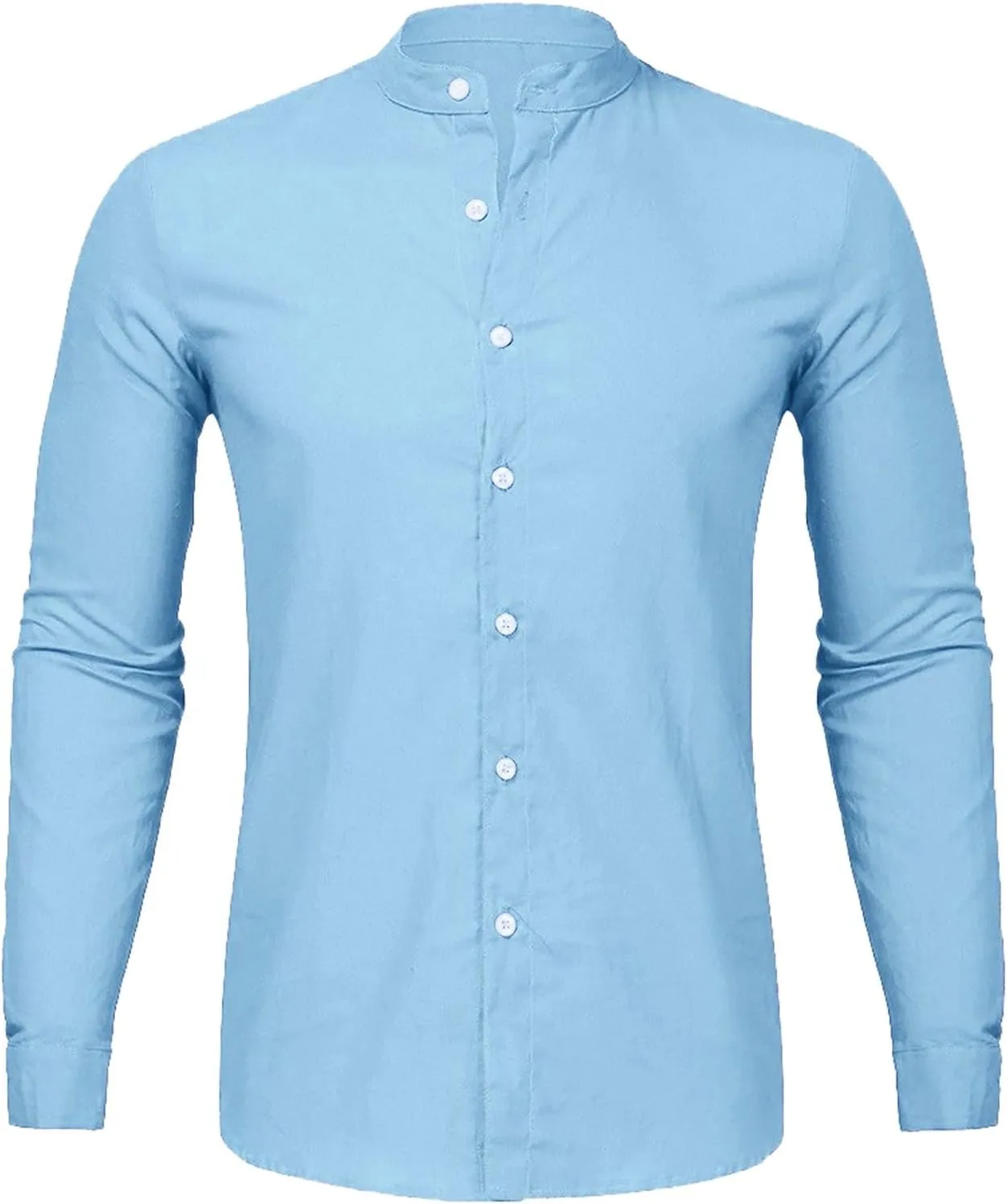 Casual Button Down Shirt for Men Lightweight Long Sleeve Band Collar T Shirt Beach Hippie Party Blouse Work Tees