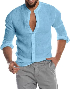 Casual Button Down Shirt for Men Lightweight Long Sleeve Band Collar T Shirt Beach Hippie Party Blouse Work Tees