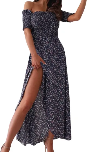 Casual Dresses for Women Beach Vacation Clothes Sundresses Off Shoulder High Waist Maxi Dress Floral Casual Summer Long