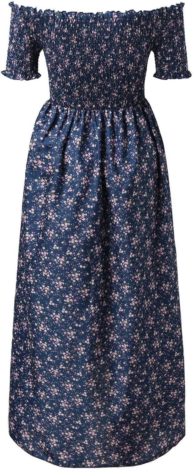 Casual Dresses for Women Beach Vacation Clothes Sundresses Off Shoulder High Waist Maxi Dress Floral Casual Summer Long