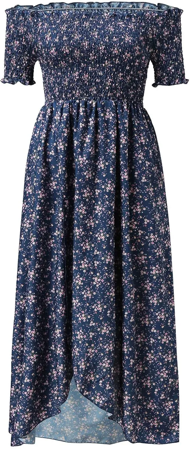 Casual Dresses for Women Beach Vacation Clothes Sundresses Off Shoulder High Waist Maxi Dress Floral Casual Summer Long