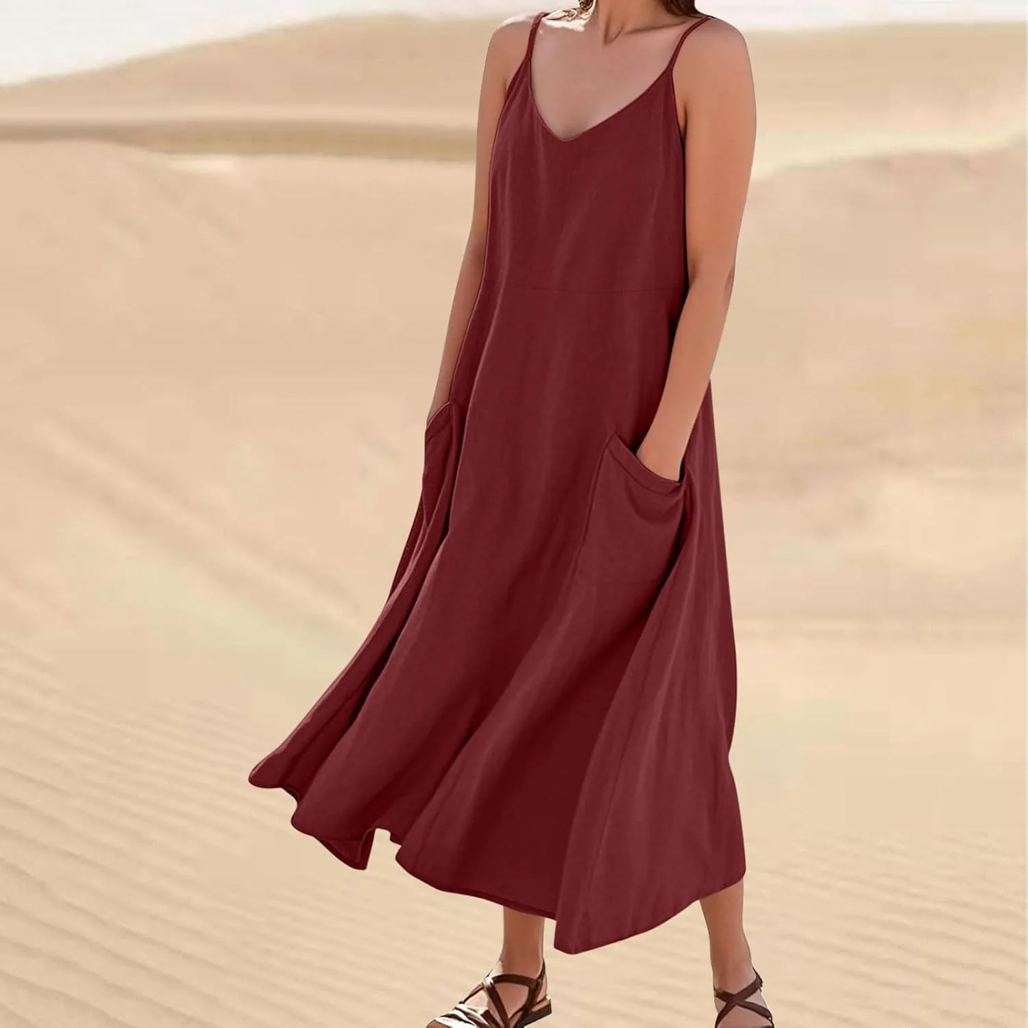 Casual Dresses for Women Flowy Casual Cami Dress Beach Vacation Sleeveless Long Sundresses with Pockets