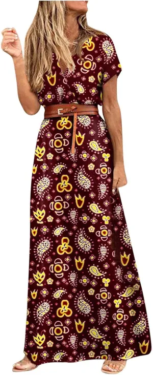 Casual Dresses for Women, Summer Casual Floral Print Boho Maxi Dress 2024 Loose Swing V-Neck Short Sleeve Dress with Belt Shift Plus Size Spring Dresses Casual Shirt Dresses (L, Wine), Large