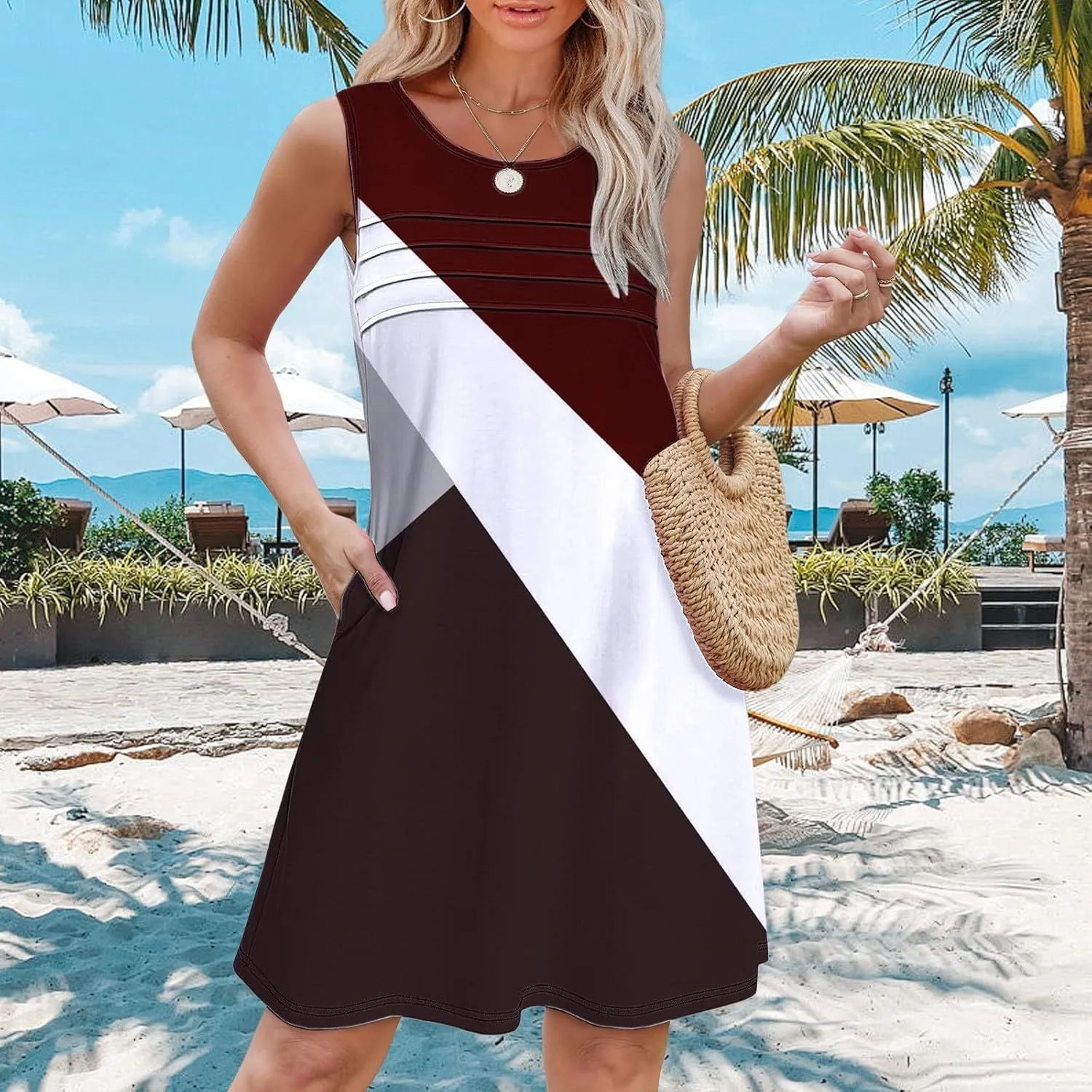 Casual Summer Dress Womens with Pockets Summer Casual Tank Dress Sleeveless Midi Beach Dress Cotton Sundresses