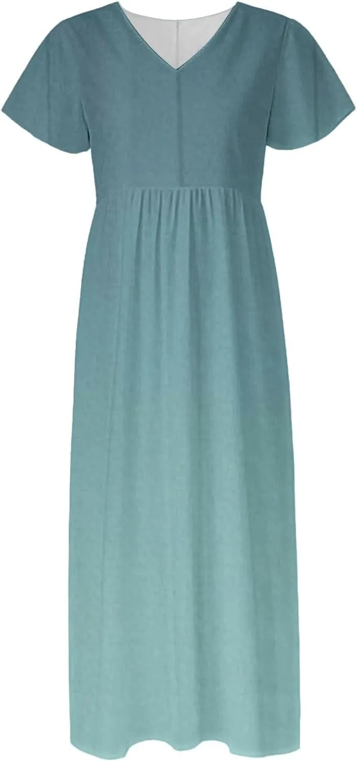 Casual Summer Dresses for Women 2025,Women's Summer Solid Color V Neck Flowy Maxi Dress Casual Boho Chiffon Beach Dress
