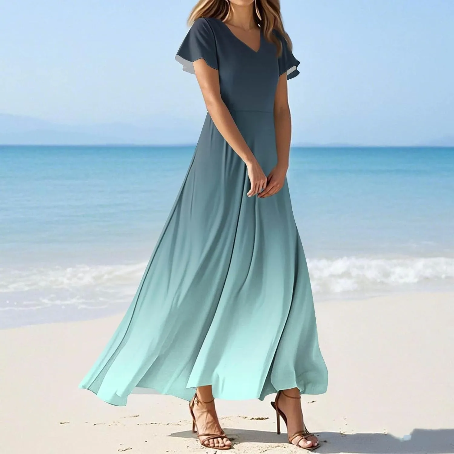 Casual Summer Dresses for Women 2025,Women's Summer Solid Color V Neck Flowy Maxi Dress Casual Boho Chiffon Beach Dress