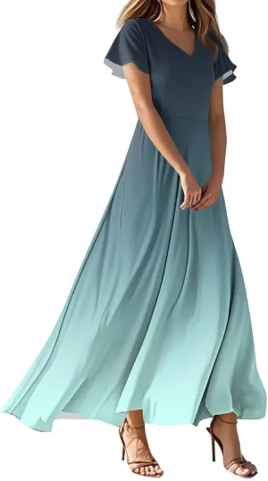 Casual Summer Dresses for Women 2025,Women's Summer Solid Color V Neck Flowy Maxi Dress Casual Boho Chiffon Beach Dress