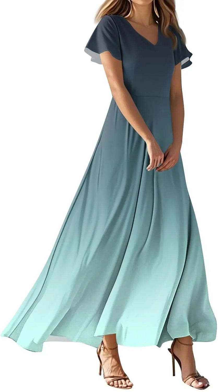 Casual Summer Dresses for Women 2025,Women's Summer Solid Color V Neck Flowy Maxi Dress Casual Boho Chiffon Beach Dress