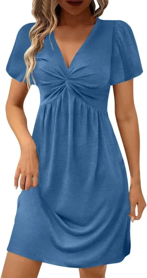 Casual Summer Dresses for Women 2025,Women's Twist Front V Neck Ruffle Casual Summer Dress Sexy Elegant Mini Dresses