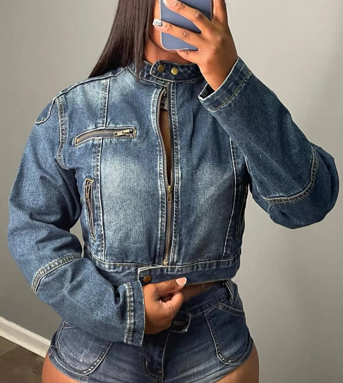 cffvdiz Womens Sexy Denim 2 Piece Shorts Set Long Sleeve Zipper Jean Jacket and Denim Shorts Outfits