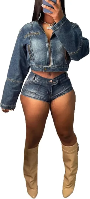 cffvdiz Womens Sexy Denim 2 Piece Shorts Set Long Sleeve Zipper Jean Jacket and Denim Shorts Outfits