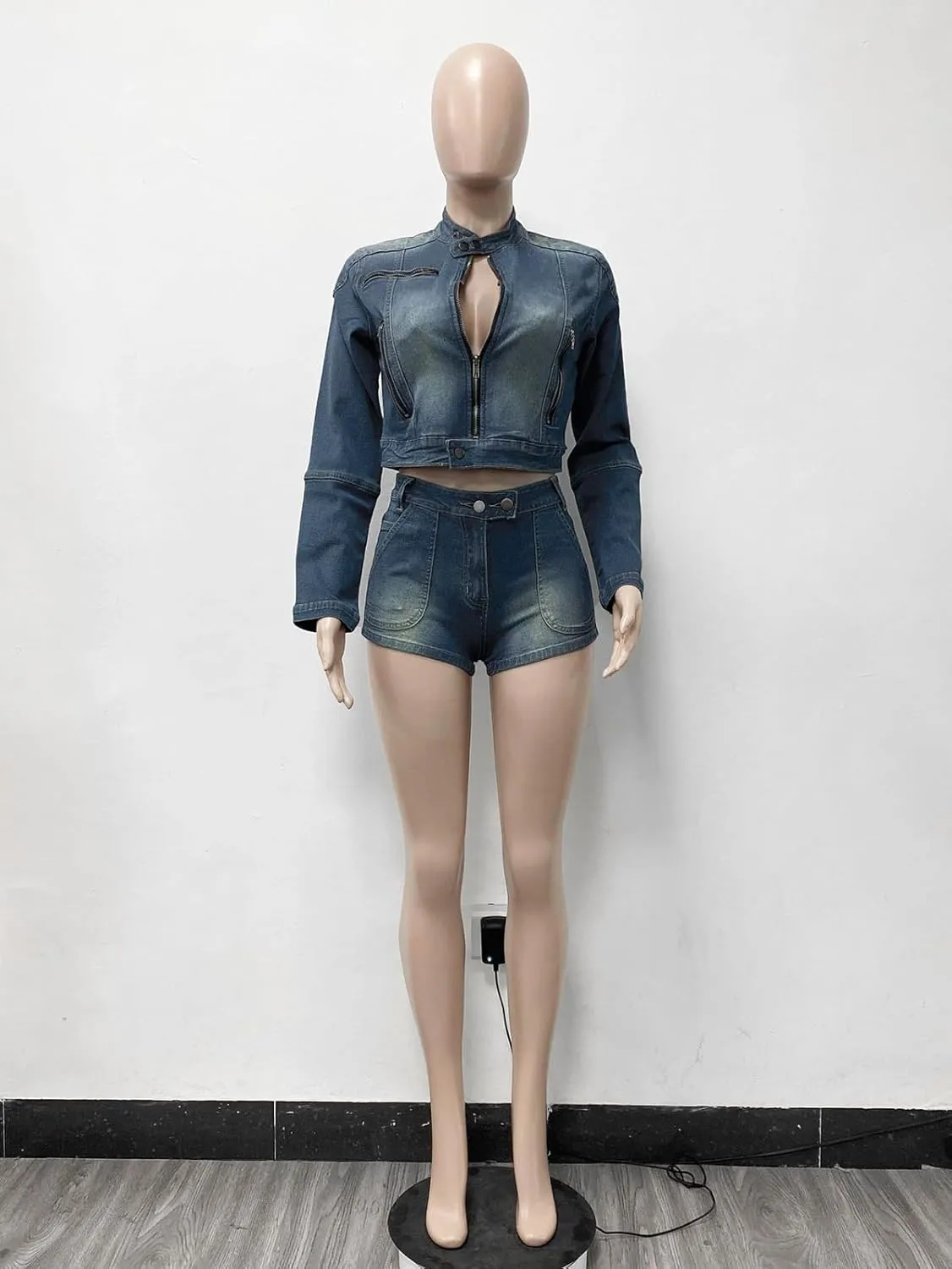 cffvdiz Womens Sexy Denim 2 Piece Shorts Set Long Sleeve Zipper Jean Jacket and Denim Shorts Outfits