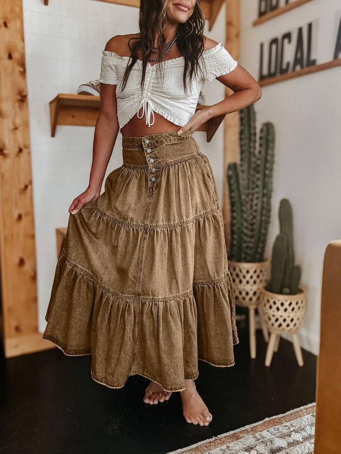 CHARTOU Women's High Waist Tiered Denim Maxi Skirt Ruffle Buttons Flowy Boho Pleated Long Jean Skirts