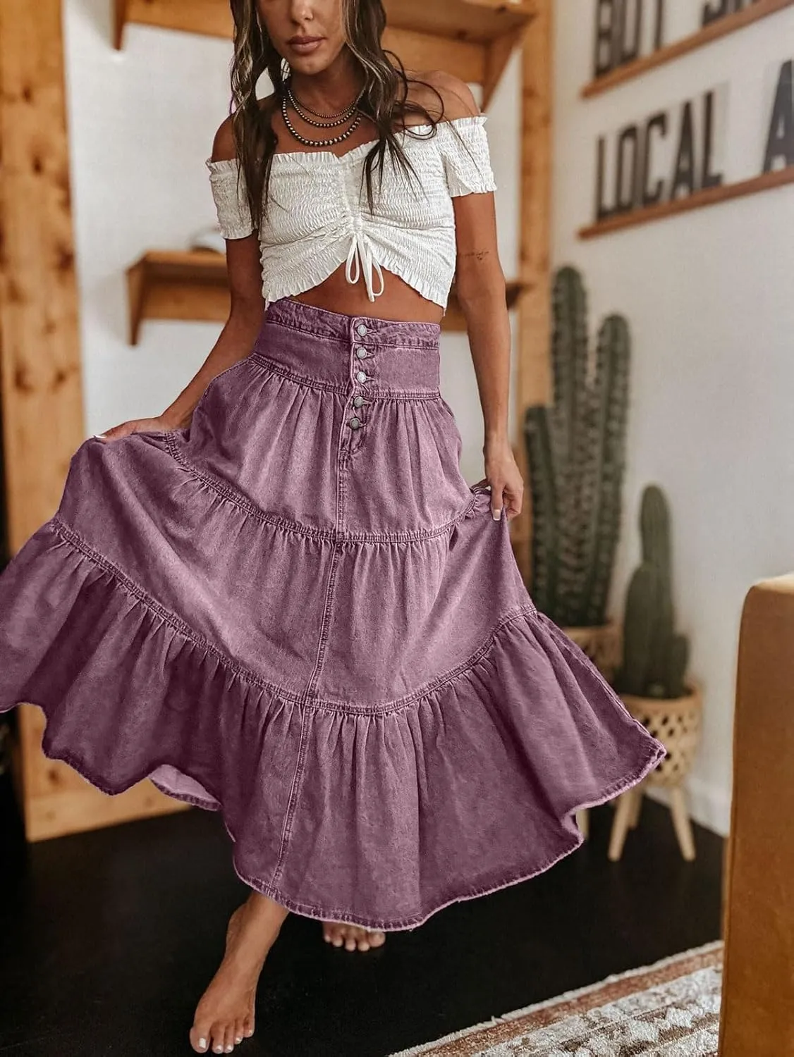 CHARTOU Women's High Waist Tiered Denim Maxi Skirt Ruffle Buttons Flowy Boho Pleated Long Jean Skirts