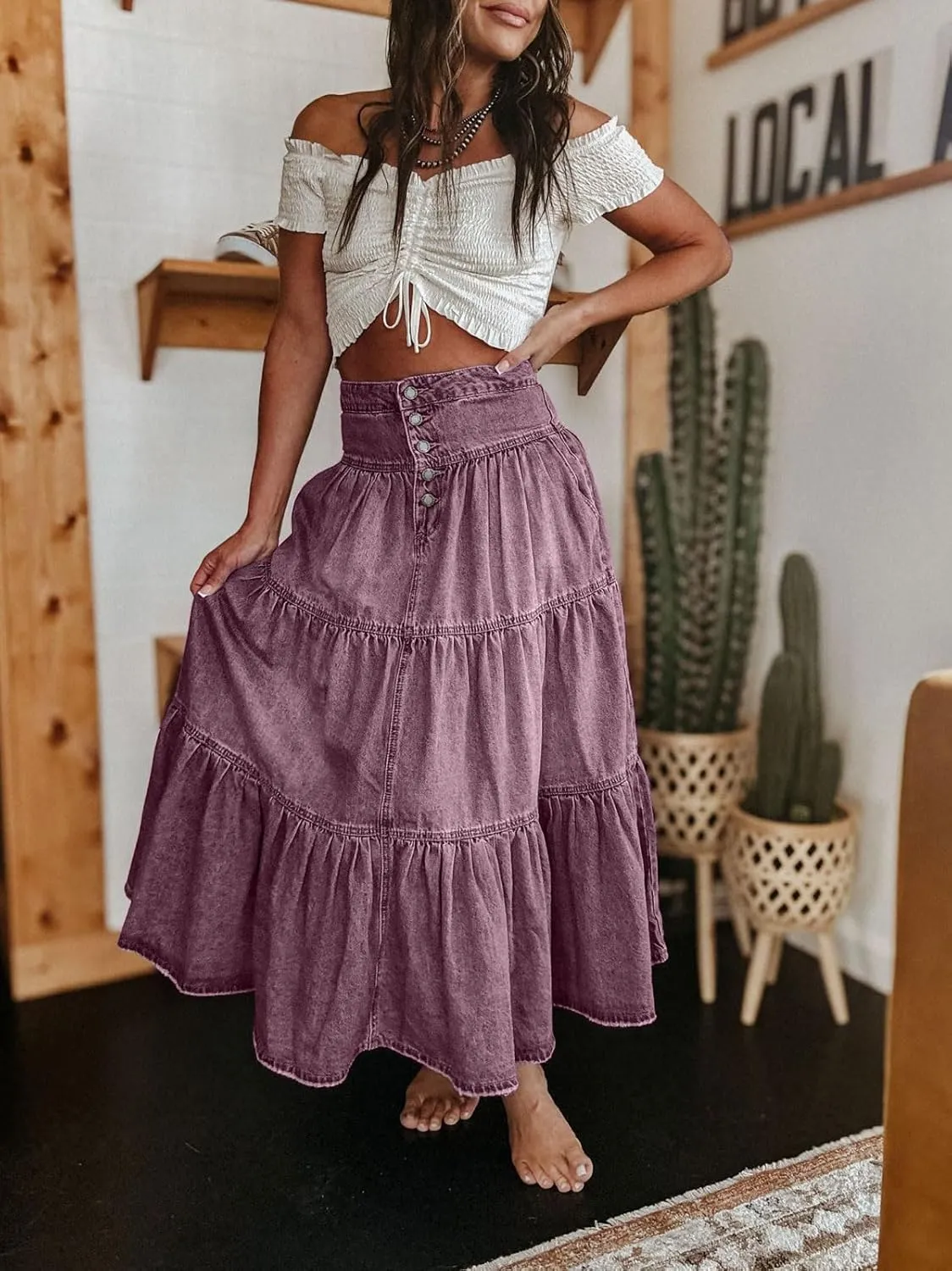 CHARTOU Women's High Waist Tiered Denim Maxi Skirt Ruffle Buttons Flowy Boho Pleated Long Jean Skirts